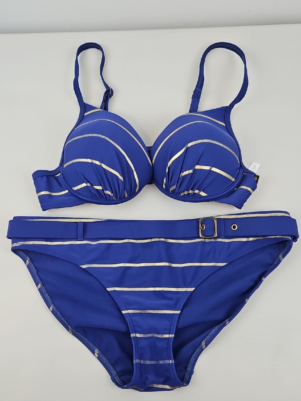 La Vie En Rose Blue Gold Striped Underwire Bikini with Belted Bottom Size L